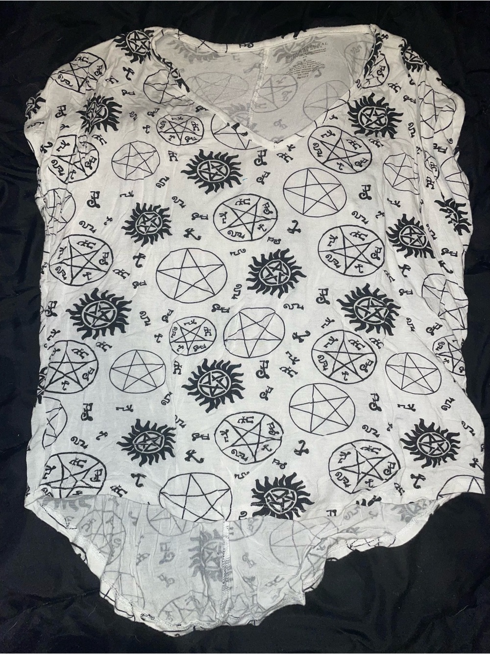 Supernatural White Graphic Tee with Black Symbol all over Print size medium